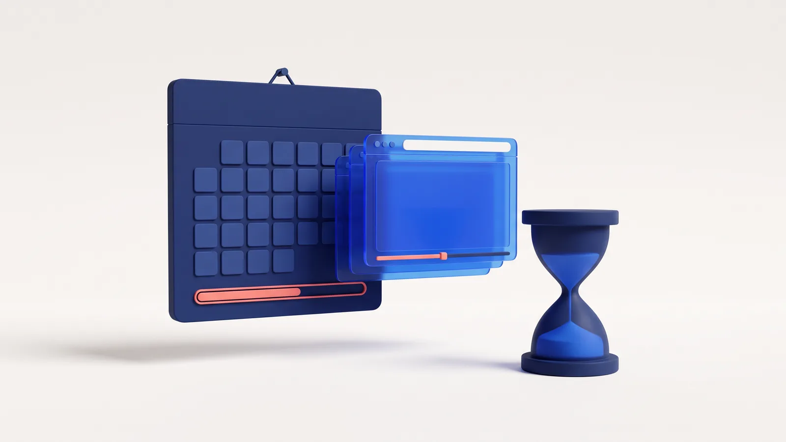 3D illustration of a calendar with a progress bar, a stack of browser windows and an hourglass.