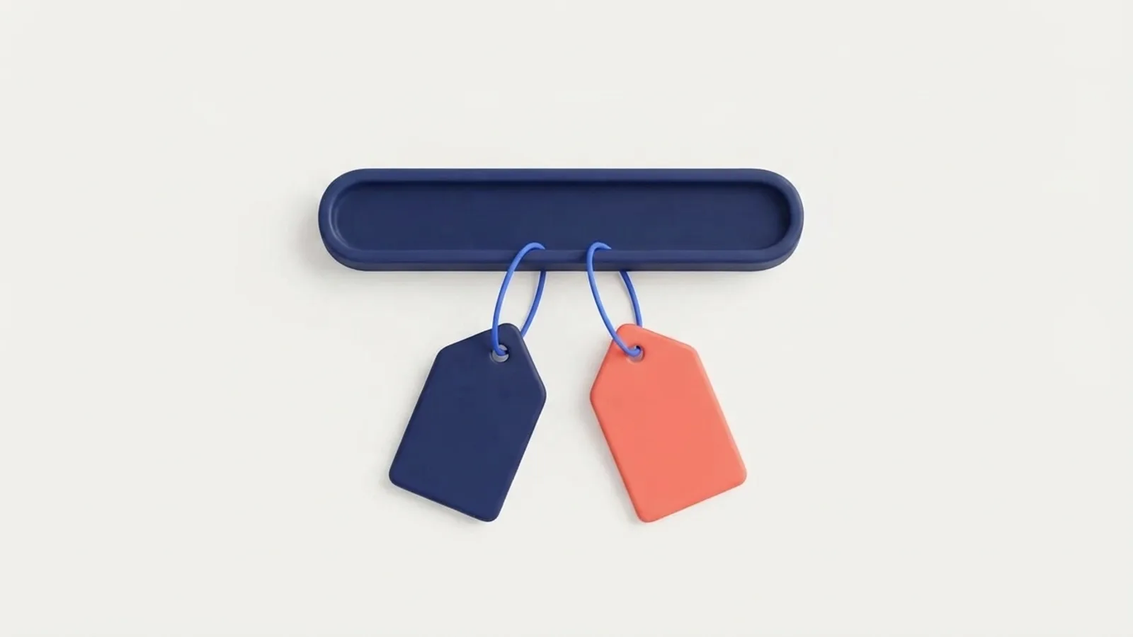 3D illustration of a browser address bar with two hanging tags, ‘.be’ and ‘.com’.