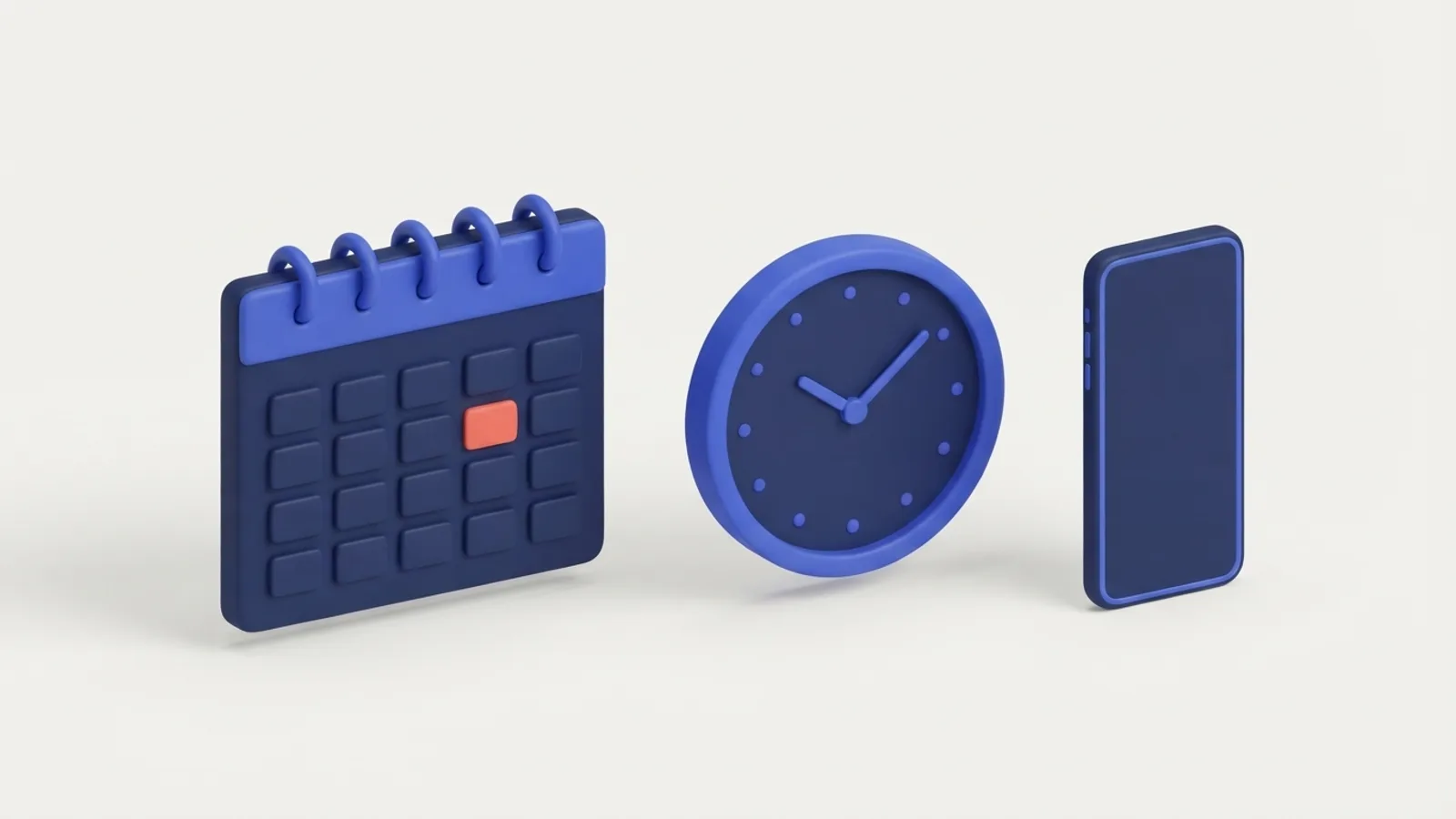 3D illustration of a calendar with a ticked slot, beside a clock and a smartphone.