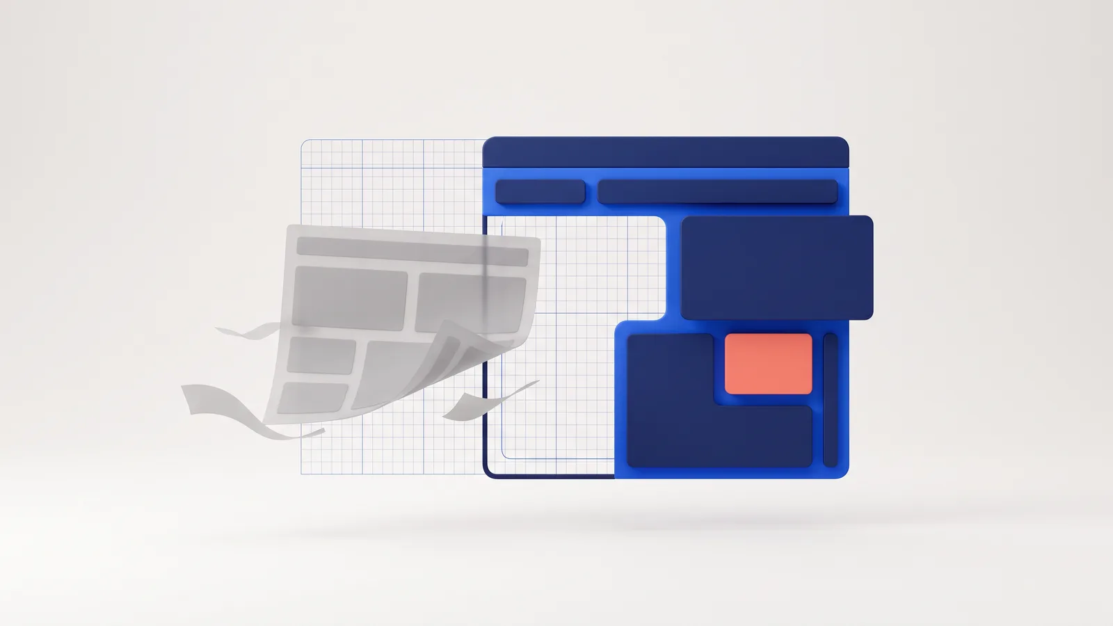 3D illustration of an old grey page peeling away to reveal a new blue layout underneath.