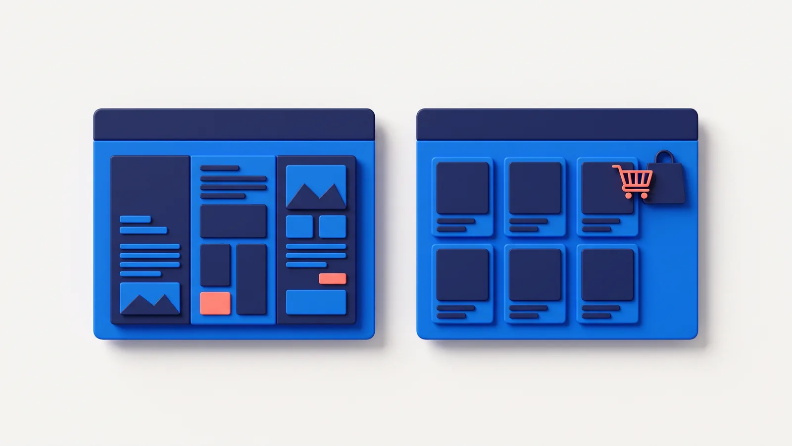 3D illustration of two websites side by side: an editorial layout and a product grid with a shopping cart.