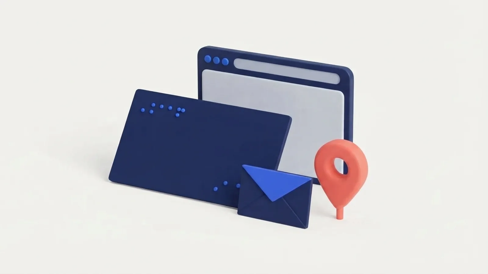 3D-illustratie van een visitekaartje voor een browservenster, met een locatiespeld en een envelop.
